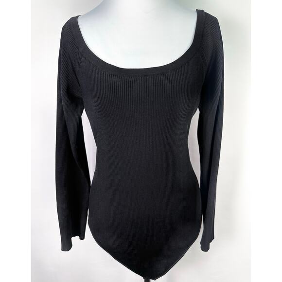 Good American Tops - Good American Black Ribbed Long Sleeve Thong Bodysuit Size 7